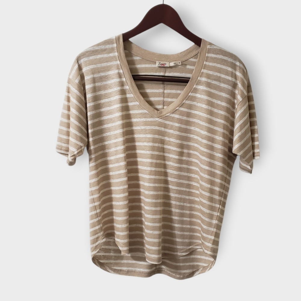 Faherty Womens Oceanside Linen V-Neck Tee Hampton Stripe Tan White XS‎